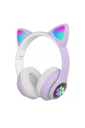Lila Bluetooth 5.0 Mikrofonlu Kablosuz Yüksek Ses Akıllı Led Işıklı Kedi Patili Rgb Mor Kulaklık