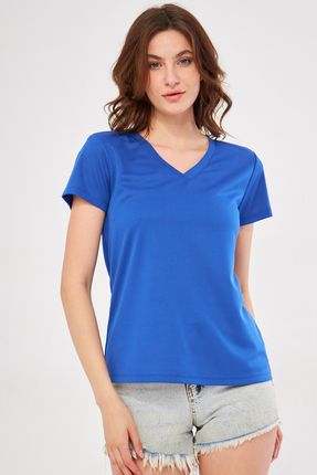 Spor T-shirt V Yaka Düz Saks Mavisi Renk