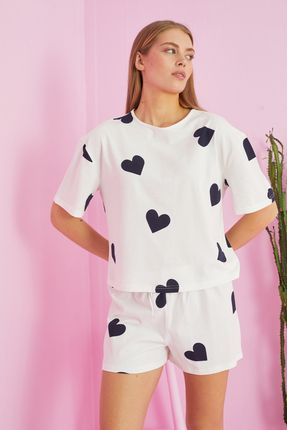 ekru lacivert kalp desenli Örme Pamuklu Şort-Pijama Takım