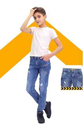 Erkek Çocuk Pamuklu Likralı Kot Jeans Pantolon Baskılı Model 3-12 Yaş