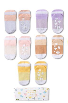 Bebek Şerit Desenli Tabanı Kalp Detaylı 5'li Paket Kutulu Patik Çorap