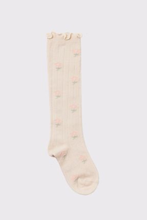 Bebek Çiçek Desenli Soket Çorap Bej