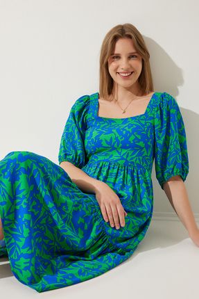Kadın Mavi Yeşil Kare Yaka Balon Kollu Viskon Elbise CI00107