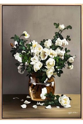 Cam Vazoda Beyaz Güller Yağlı Boya Tablosu