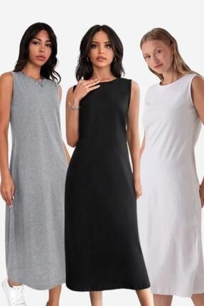 Kadın Uzun Kolsuz Elbise Astarı İçlik Jüpon Kombinezon 3'lü Set