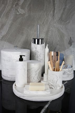 12 Parça Mermer Desenli Beton Banyo Seti Katı Sıvı Sabunluk Diş Fırçalık Çöp Kovası Tepsi Mumluk