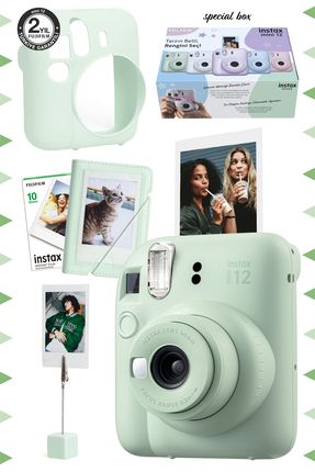 Instax mini 12 Yeşil Fotoğraf Makinesi-10'lu Film-Kıskaçlı Stand-Mini Albüm ve Silikon Kılıf Seti