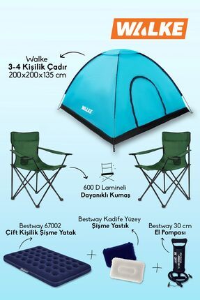 Lüks Kamp Seti 4 Kişilik Çadır Çift Kişilik Yatak 2 Adet Yeşil Sandalye 2 Yastık Pompa
