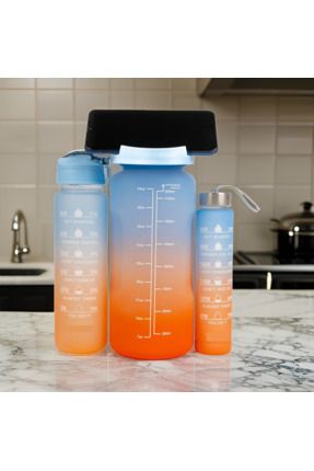 3’lü Motivasyonel Su Matarası, 2 Litre 750 Ml 300 Ml BPA İçermez Suluk (Pipetli ve Sticker Hediyeli)