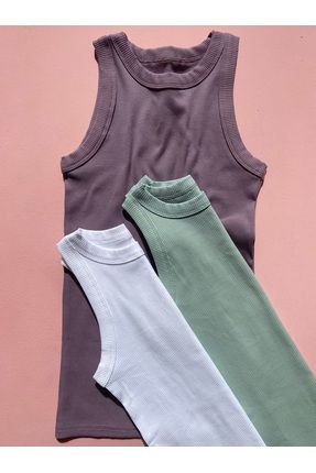 Fitilli Pamuklu 3'lü Mürdüm-Yeşil ve Beyaz Renk Halter Yaka Örme Kadın T-shirt Atlet