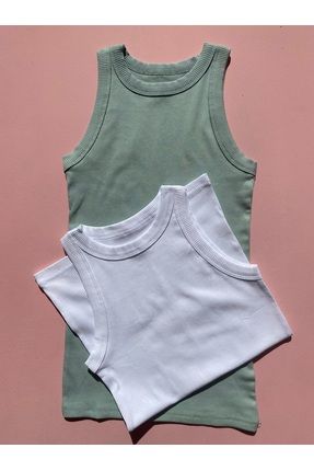 Fitilli Pamuklu 2'li Yeşil ve Beyaz Renk Halter Yaka Örme Kadın T-shirt Atlet