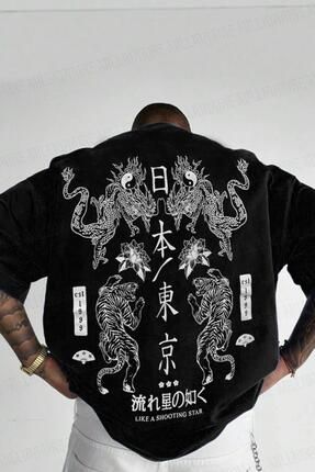 Erkek Dragon Baskılı Siyah Bisiklet Yaka Oversize Salaş T-Shirt