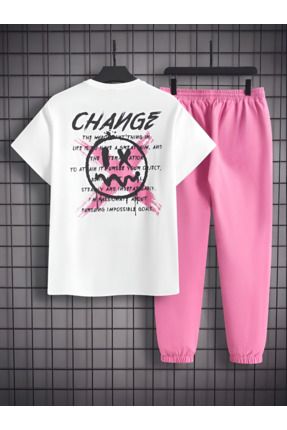 CHANGE BASKILI PEMBE BEYAZ ALT UST TAKIM T-SHİRT&JOGGER