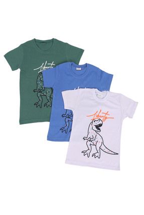 3'lü Dino T-rex Baskılı Unisex T-shirt/tişört