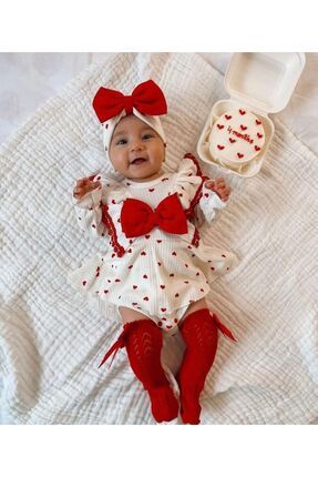 Kalpli Kız Bebek Saç Bantlı Romper Salopet Takımı 2 Parça 2li Yenidoğan Kıyafeti