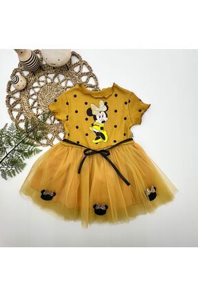 2-3-4 Yaş Puantiyeli Mickey Baskılı Kurdela Kuşaklı Astarlı Kız Bebek Tütü Elbisesi