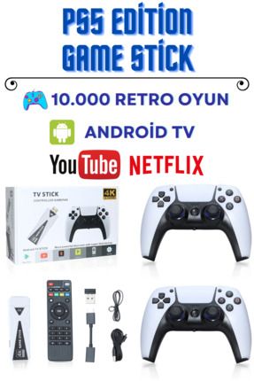 4k Android TV Wifi Kablosuz Çift Kol Retro Oyunlar Game Stick 64gb Hafıza 10000 Oyun Atari