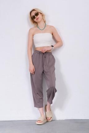 Ultra Yumuşak, Dikiş Detaylı Havuç Kesim Bağcıklı Lastikli Bilek Boy Kadın Modal Pantolon @Malaga