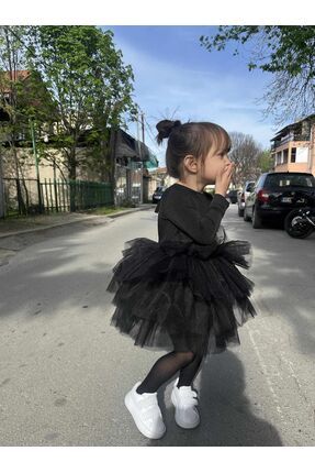 Uzun Kollu Siyah Sırt Detaylı Tütü Etekli Kız Çocuk Balerin Elbise