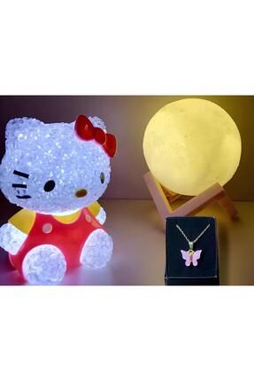 3'lü set- Kelebek kolye - hello kitty - 3D LED küre gece lambası bujiteri hediye sepeti