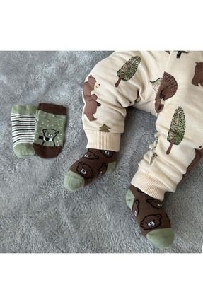 3'lü Kahverengi Ayılar Desenli Bebek Çorap