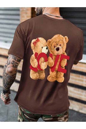 Erkek Kahverengi Teddy Baskılı Oversize Bisiklet Yaka Tshirt