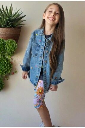 Kız Çocuk Mavi Denim Kot Ceket - Çiçek Nakışlı Denim Kot Gömlek Ceket