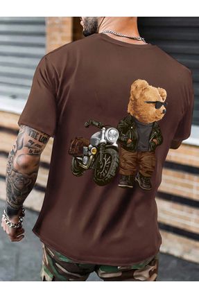 Erkek Kahverengi Teddy Baskılı Oversize Bisiklet Yaka Tshirt