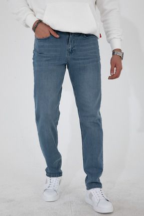 Erkek Taşlamalı Mavi Regular Fit Rahat Kesim Esnek Likralı Denim Jeans Kot Pantolon HLTHE003001