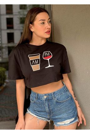 Maison La Femme Kad n Siyah Bisiklet Yaka Bask l Oversize Crop T shirt Fiyat Yorumlar Trendyol