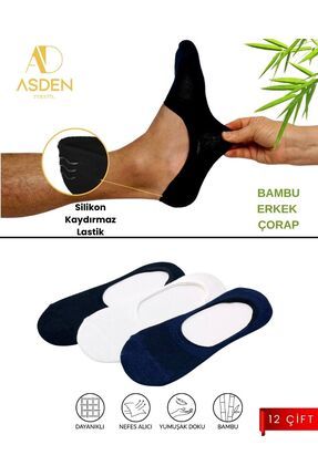 Bambu Erkek Siyah Babet Çorap, Dikişsiz, Kaydırmaz Silikonlu Topuk 12'li Paket