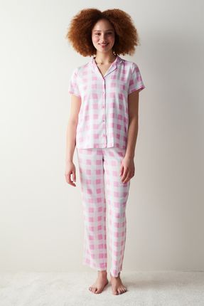 Gingham Pembe Gömlek Pantolon Pijama Takımı
