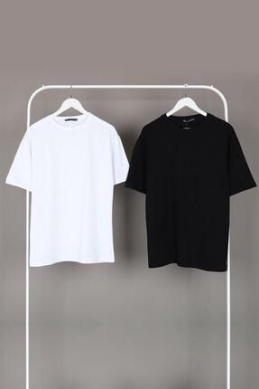 Unisex Siyah Ve Beyaz Oversize Düz Basic Pamuk Örme T-shirt 2'li Paket