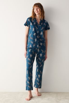Base Dark Printed Gömlek Pijama Takımı