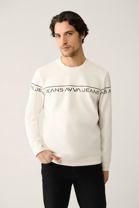 Erkek Beyaz Bisiklet Yaka Interlok Kumaş Baskılı Regular Fit Sweatshirt A41y1241