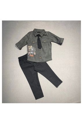 Kravatlı Keten Gömlek Gabardin Pantolon Uzun Kollu 3lü Erkek Çocuk Takımı