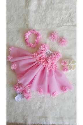 Kız Bebek Pembe Lazer Çiçekli Prnses Özel Gün, Mevlit, Bayramlık Düğün Ve Doğum Günü Elbise Takımı