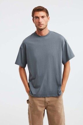 Jett Erkek Oversize Fit %100 Pamuk Kalın Dokulu Açık Gri T-shirt