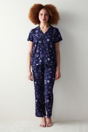 Zodiac Desenli Lacivert Gömlek Pantolon Pijama Takımı