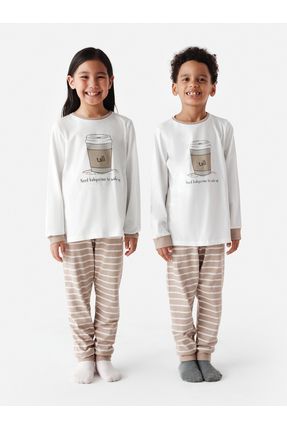 Unisex Tall Fam Uzun Kollu Kırık Beyaz Pijama Takımı