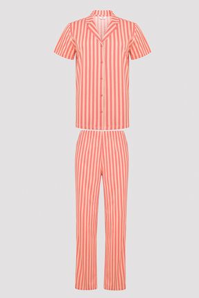 Base Rosy Stripes Gül Rengi Gömlek Pantolon Pijama Takımı