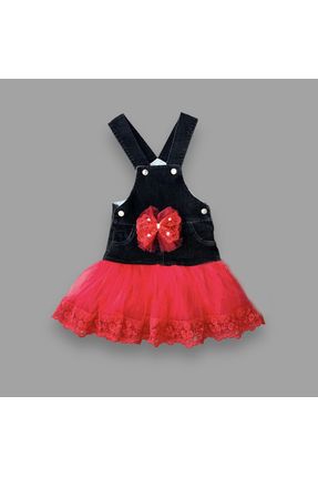 Fiyonklu Düğme Detaylı Tül Etek Kot Kumaş Salopet Kız Çocuk Elbisesi