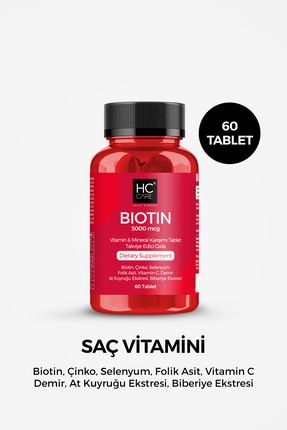 Saç Vitamini 60 Tablet - Biotin, Çinko, Selenyum, Folik Asit, Vitamin C, Demir, At Kuyruğu, Biberiye