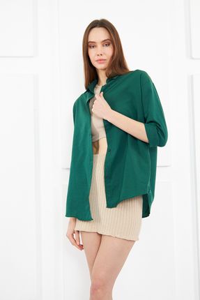 Kadın Koyu Yeşil Oversize Uzun Basic Gömlek