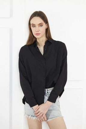 Kadın Siyah Oversize Uzun Basic Gömlek
