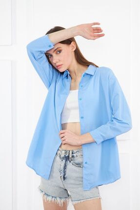 Kadın Açık Mavi Oversize Uzun Basic Gömlek