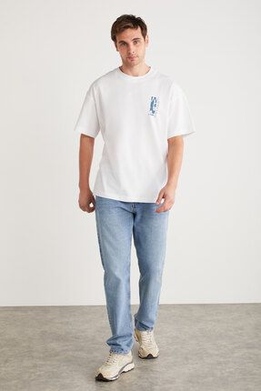 ANTONIO Erkek %100 Pamuk Kısa Kollu Önü Baskılı Oversize Beyaz T-Shirt