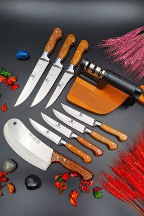 Ahşap Mutfak Et Ekmek Sebze Bıçağı & Pide Soğan Bıçağı & Bileme Aparatı 9 Lu Çeyiz Seti El Yapımı