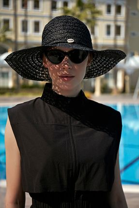 Desenli Deniz Kabuklu Hasır Şapka Siyah Rş-31