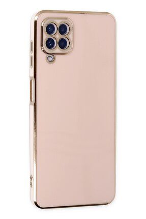 Samsung Galaxy A12 Uyumlu Parlak Altın Kenarlı Kamera Korumalı Dayanıklı Kılıf - Pembe